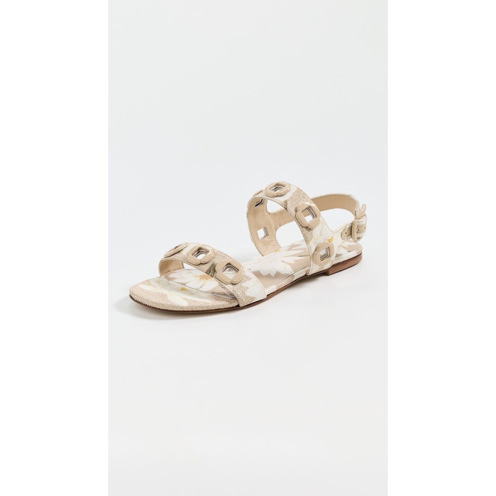Larroude Women's Floral Raffia Flat Sandals Beige White Square Hardware Buckle